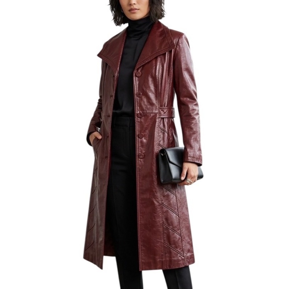 Vintage TFC Burgundy Leather Trench Coat Long Chevron Stitched Oxblood Jacket
